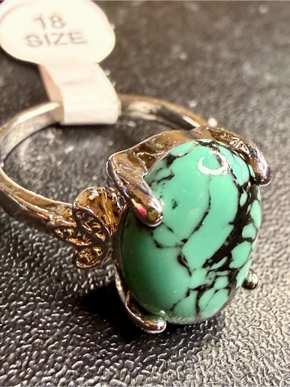 Silvery Floral Ring with Green Turquoise-Style Oval Stone